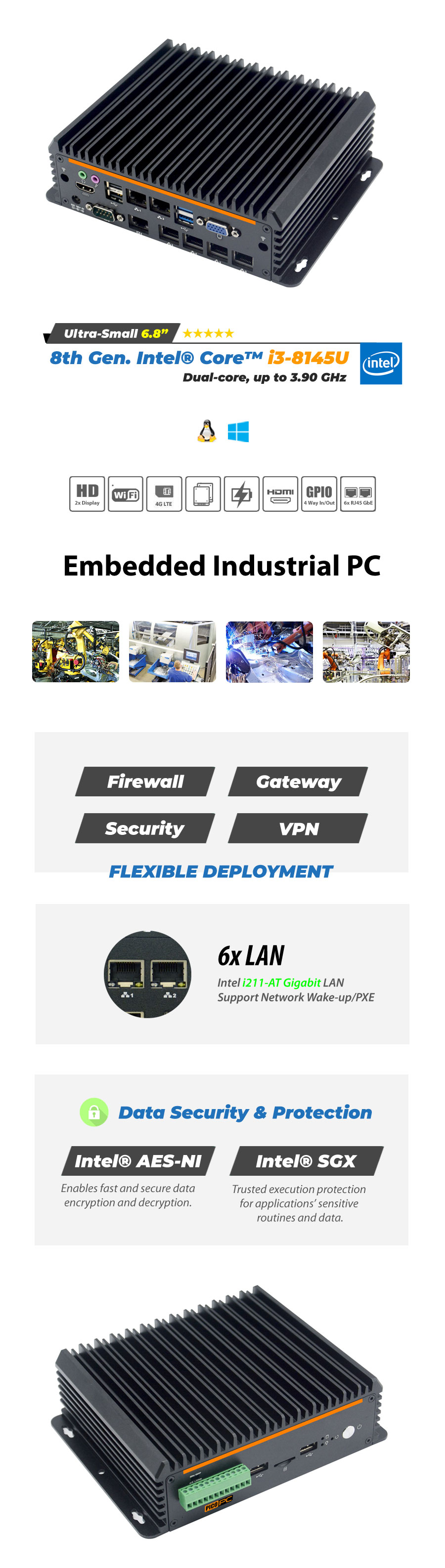 Intel® i3-8145U 6 LAN 4G Fanless Security Gateway Appliance - MNHO-086