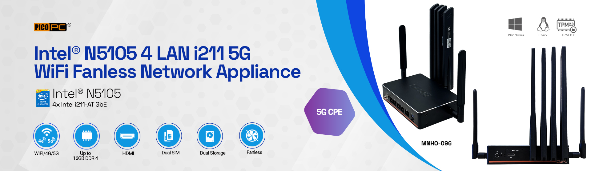 Intel® N5105 4 LAN i211 5G CPE Fanless Network Appliance SD-WAN Security Gateway with TPM
