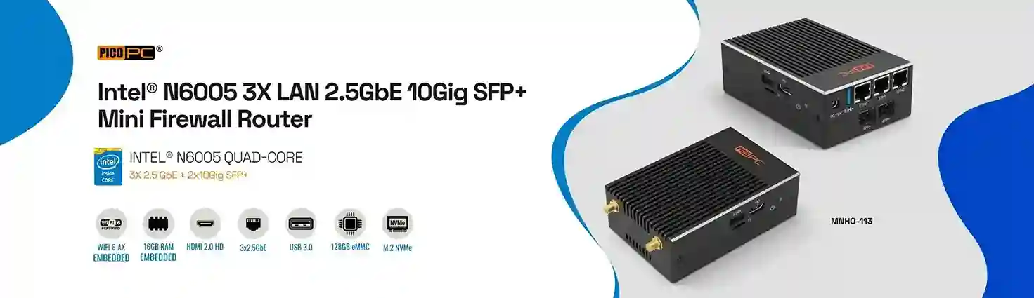 Intel N6005 3 LAN 2.5GbE 10Gig SPF+ Mini Firewall Router with 16GB RAM 128GB Storage WiFi6
